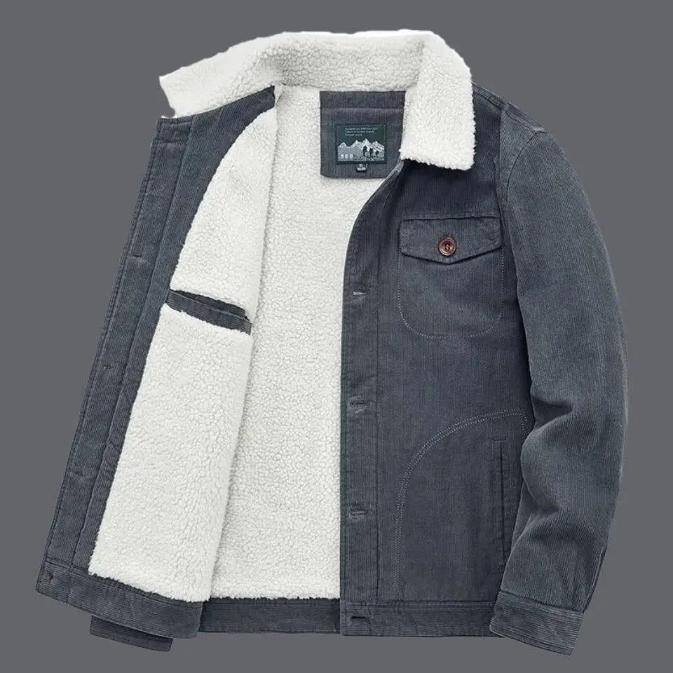 Corduroy Jacket Men Winter Thick Warm Parkas Coats Male Casual Multiple pockets Oversized Fleece Jackets Mens Solid Clothing