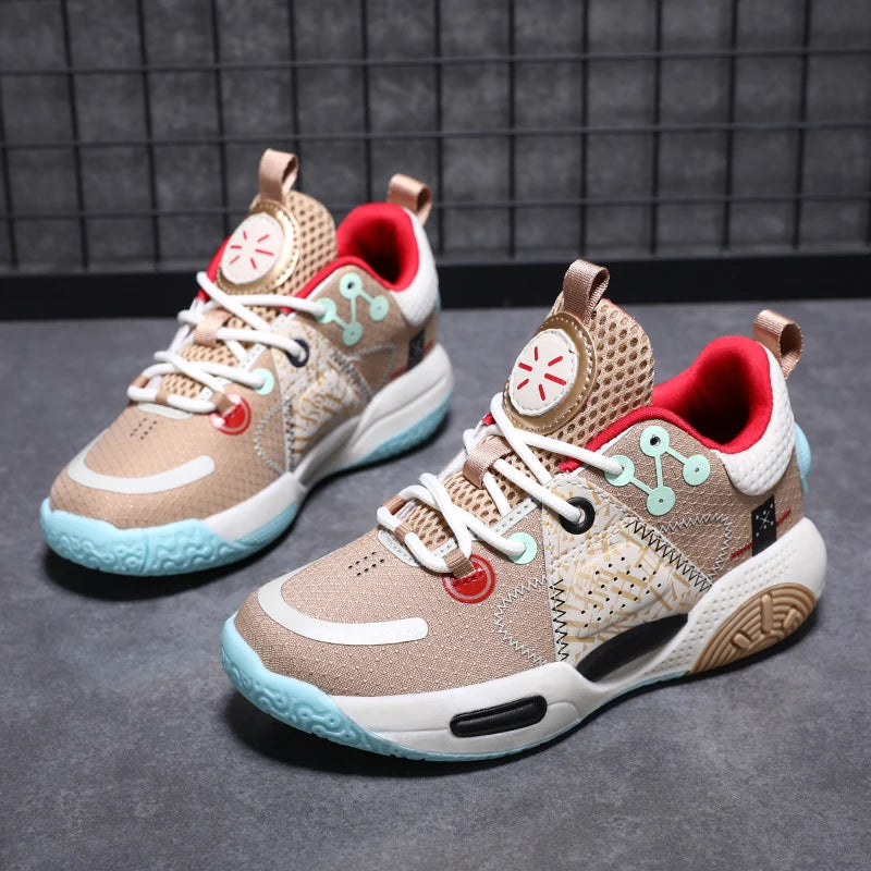Kids Fashion Sneakers for Boys Leather Breathable Sports Basketball Shoes Lightweight Children School Walking Footwear