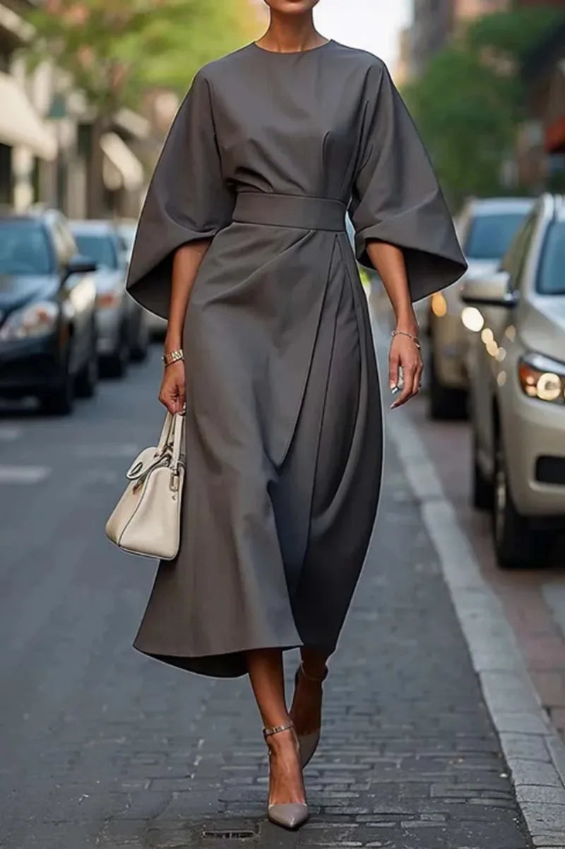 Women's Clothing Fashion Black Dress Temperament Elegant Casual Waist-closing Maxi Bat Sleeve Dresses For Women Robe Femel