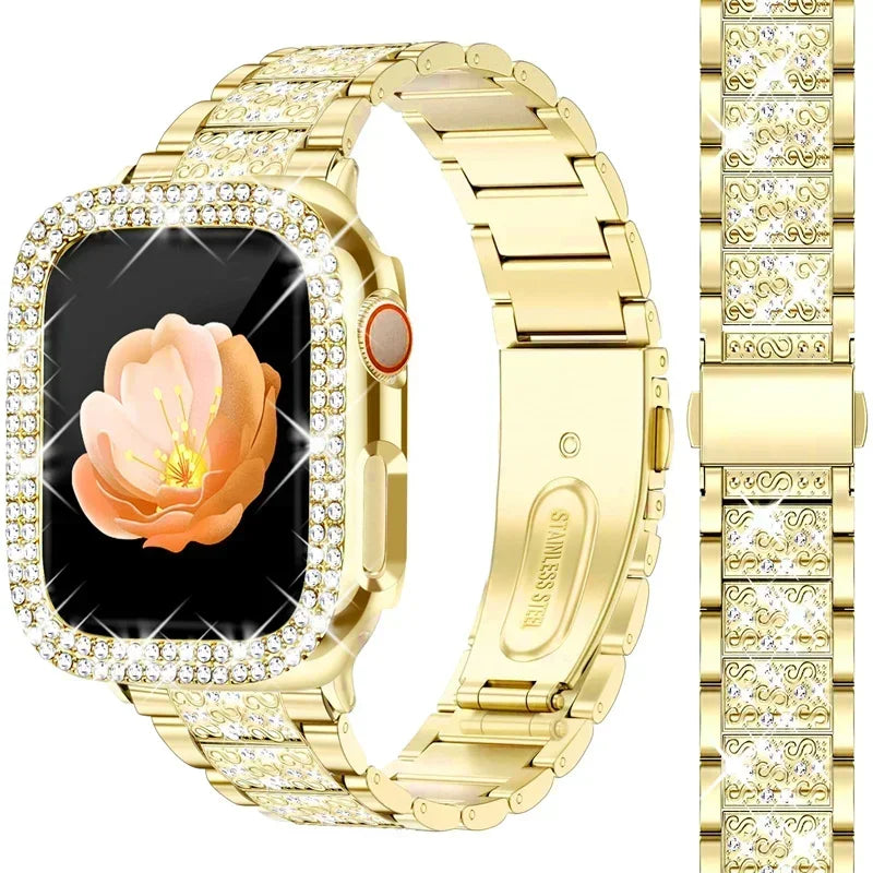 NEW Diamond case+Strap For Apple Watch Band 41mm 38mm 42mm  45mm 40mm 44mm Metal Belt IWatch Series 9 8 7 SE 6 5 Women Bracelet