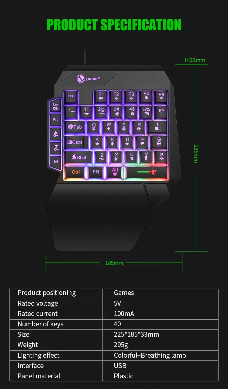 Teclado gaming de una mano y 35 teclas, mini teclado USB ultradelgado con retroiluminación para ordenador portátil, de sobremesa y smartphone