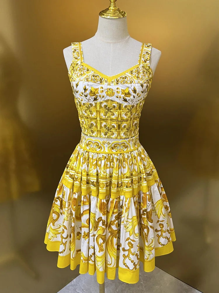 Designer Women's Cotton Corset Top & Mini Skirt Set | Yellow Porcelain Print | Summer Beach Vacation Outfit
