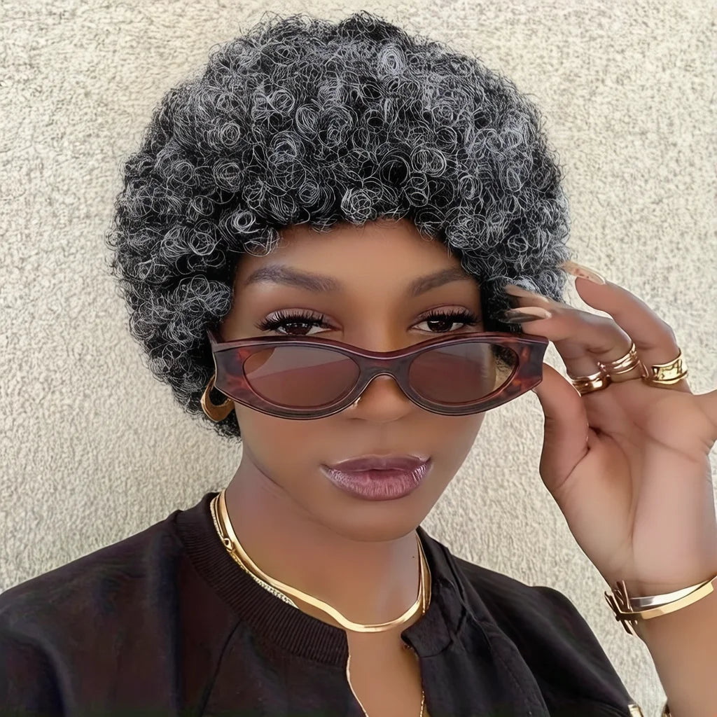 Natural Salt and Pepper Gray Short Afro Kinky Curly Human Hair Wig, Full Machine Made Human Hair Wigs with Bangs,for Daily & Par