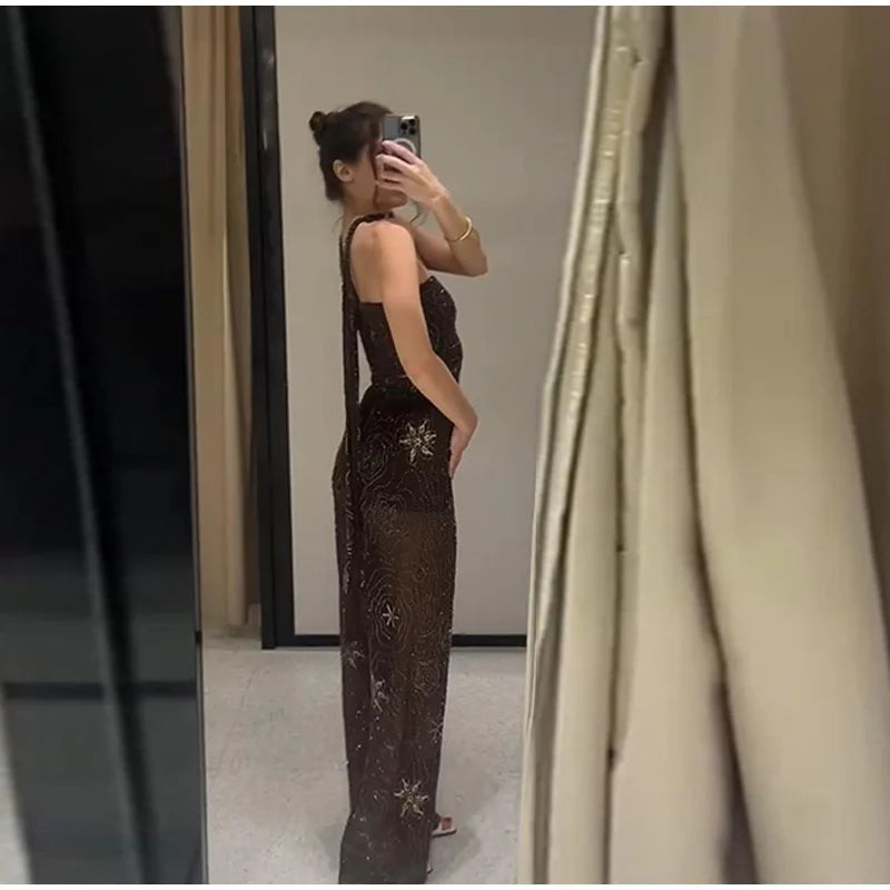 Chic Beaded Women's Top Pant Set Sexy Slim Halter Sleeveless Crop Tops See Through Elastic Waist Wide Leg Pants Summer Outfits