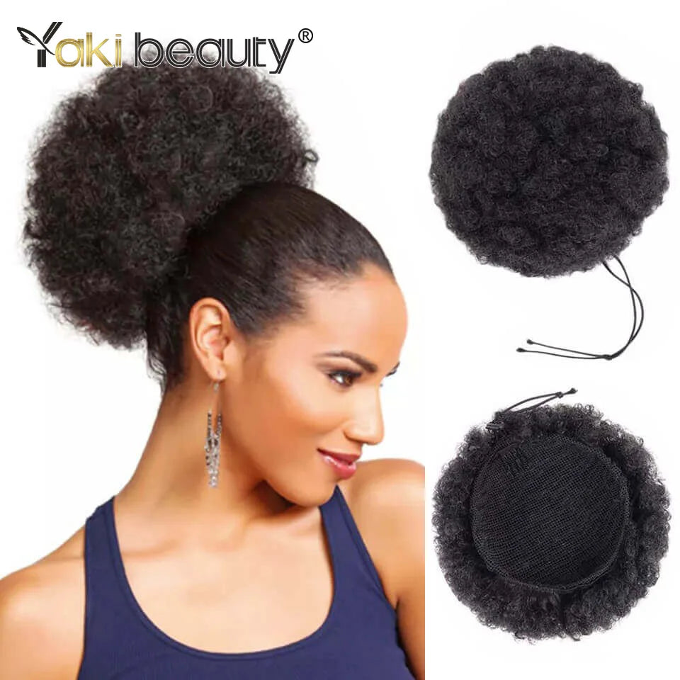 Queue de cheval Afro Puff à cordon, extension de cheveux synthétiques, noire, marron, à clip, queue de cheval frisée crépue à cordon.