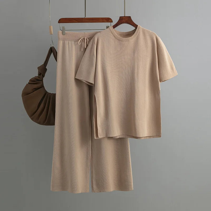 Pants Suit Women V-neck Loose Split Knit Tops Fashion Two-piece High Waist Straight Casual Pants Two Piece Sets Womens Outifits