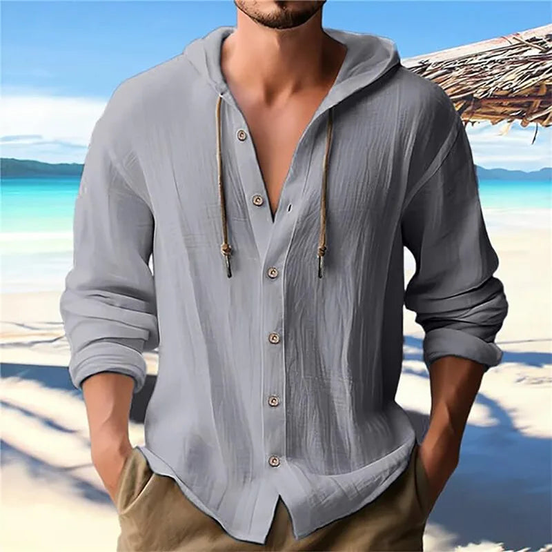 Camisas casuales de playa para hombre, de algodón y lino, con capucha, de manga larga, para hombre, holgada, de color liso, con botones, cárdigan, ropa de calle.