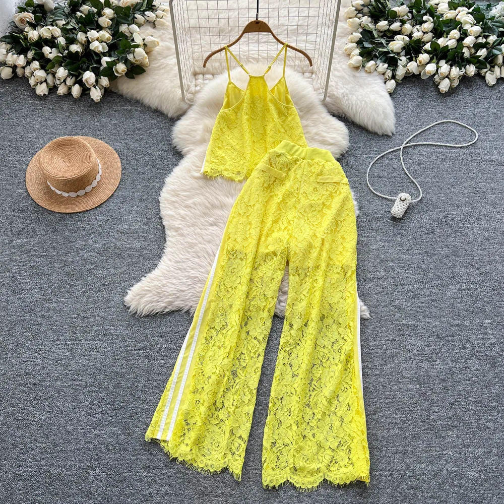 Women Two Pieces Sets Spliced lace Off Shoulder Slip Top and Fashion Hotsweet High Waist Elastic Waist  Wide Leg Pant Sets