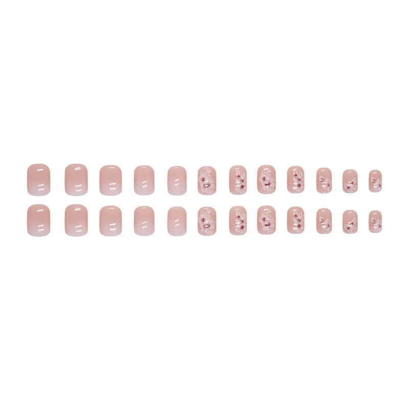 24 PCs Short French Simple Gradient Flower Nails with 1 Jelly Glue and 1 Nail File