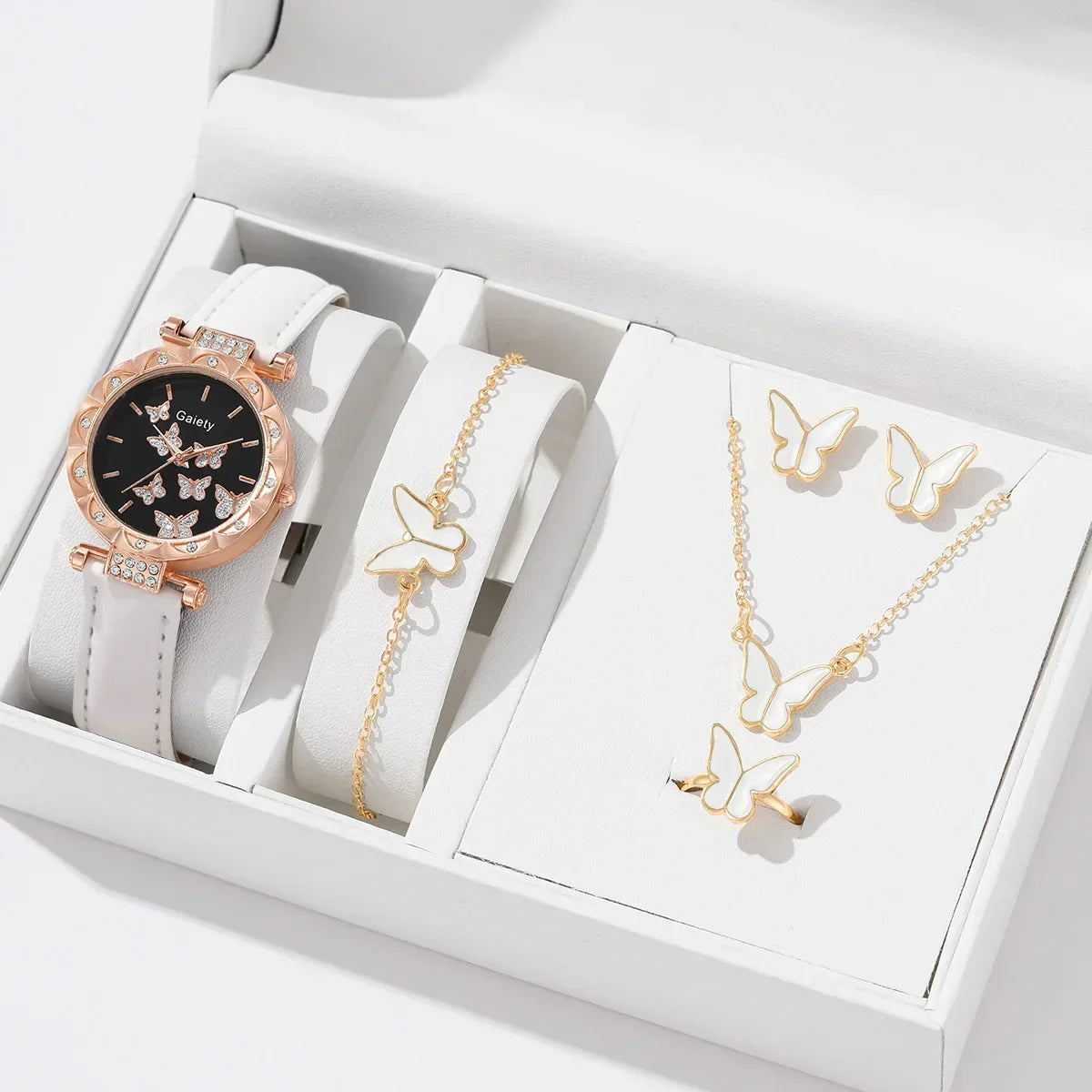 Conjunto de Reloj, Anillo, Collar, Pendientes y Pulsera para Mujer Relojes de Mariposa con Correa de Cuero reloj de señora relogios feminino reloj mujer