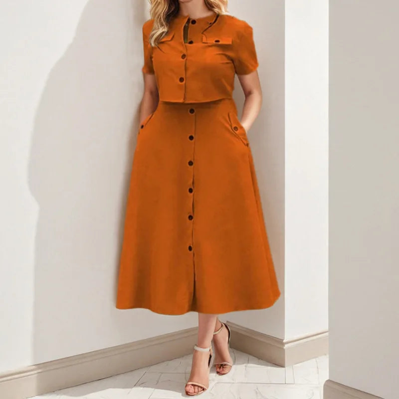 Spring Summer New Women's Clothing Elegant Solid Color Casual Short Top Single Breasted Skirt Fashion Set
