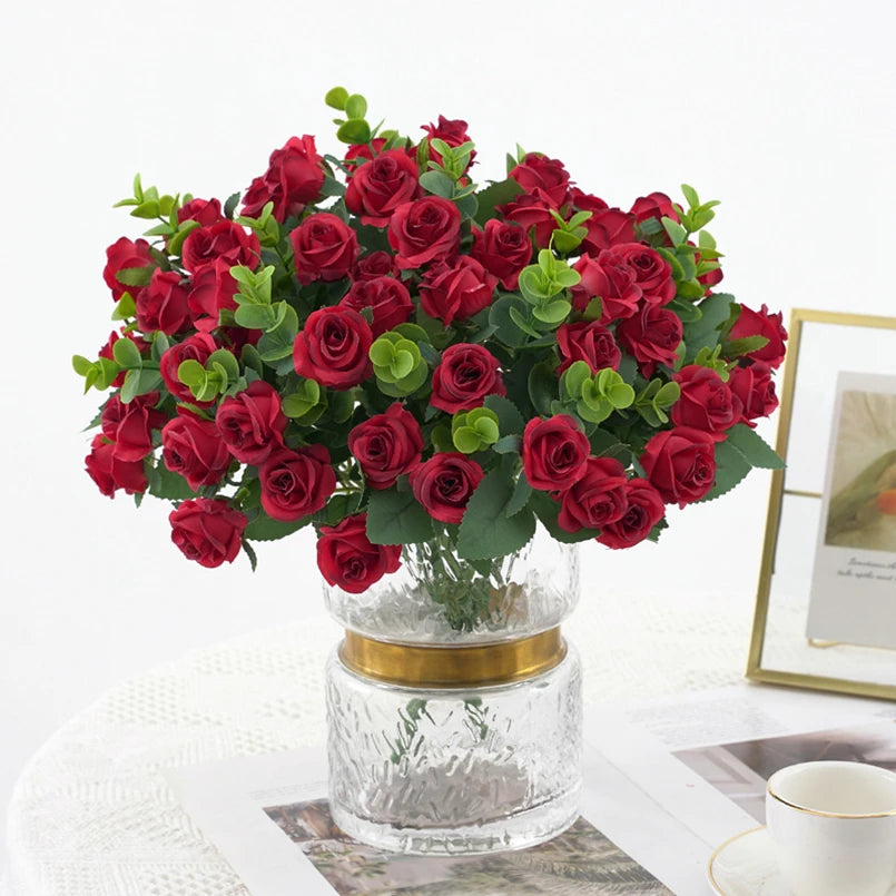 Artificial Flowers Vases Home Decor Outdoor Garden Festival Eucalyptus Leaves Fake Plants Wedding Party Silk Roses Bouquet Cheap