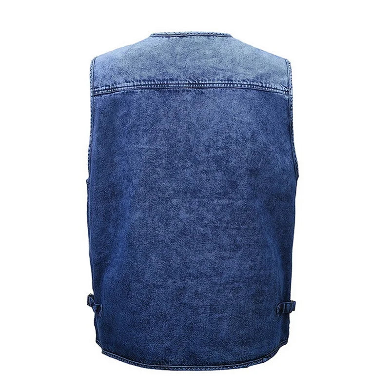 Men's Vest Coat Dark Bluemulti-pocket V-neck Fishing Sleeveless Coat Truck Driver Bicycle Denim Jacket Mountaineering Vest