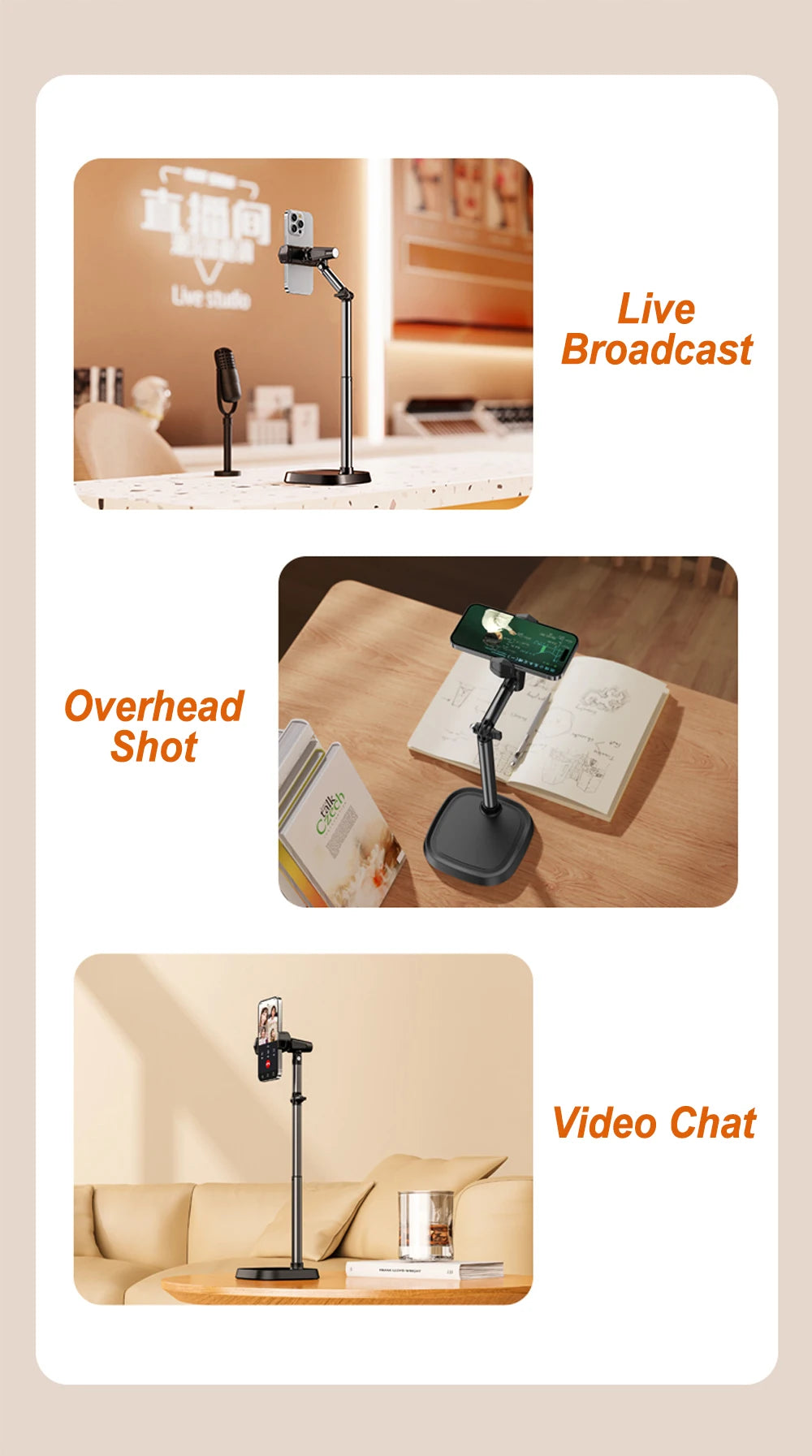 Phone Holder Height Adjustable Phone Holder for Live Broadcast, Portable Folding Multi-Angle Adjustable Stand for Cell Phone