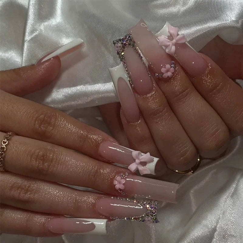 24Pcs Long False Nails Press on Nails Full Cover Butterfly French Coffin Glitter Small Diamonds Wearable Manicure Nail Tips Art