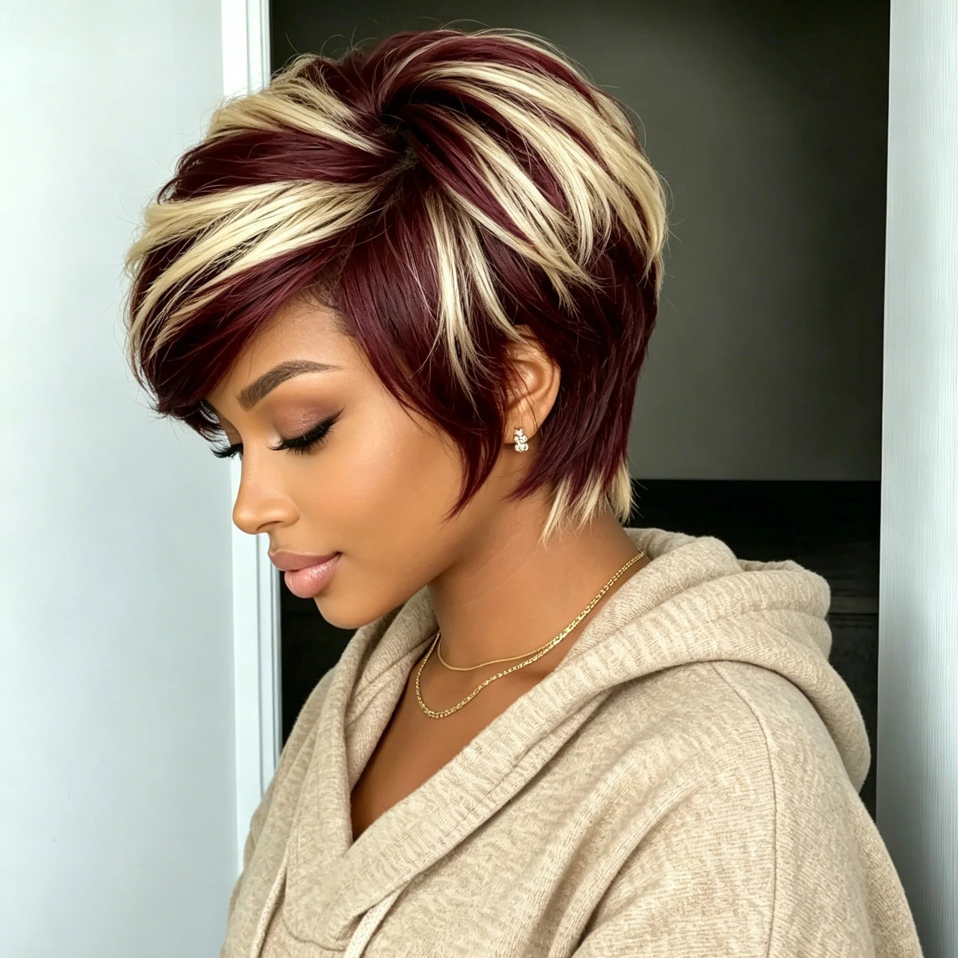 1B30 Short pixie cut Wig Human Hair with Bangs Full Machine Wigs for Women
