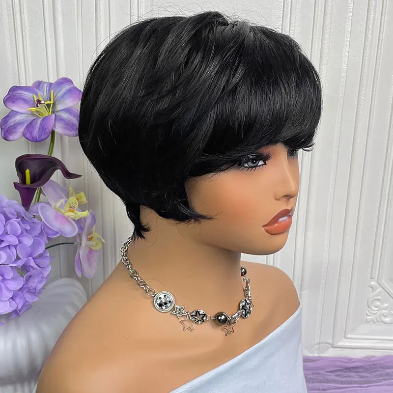 Short Straight Human Hair Wigs Highlight Color Brazilian Remy Hair Pixie Cut Wig Cheap Human Hair Machine Wig For Black Women