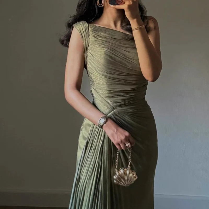 Female Fashion High Waist Elegant Dress for Women Off Shoulder Sleeveless Chic Evening Dresses Spring Summer Party Dress