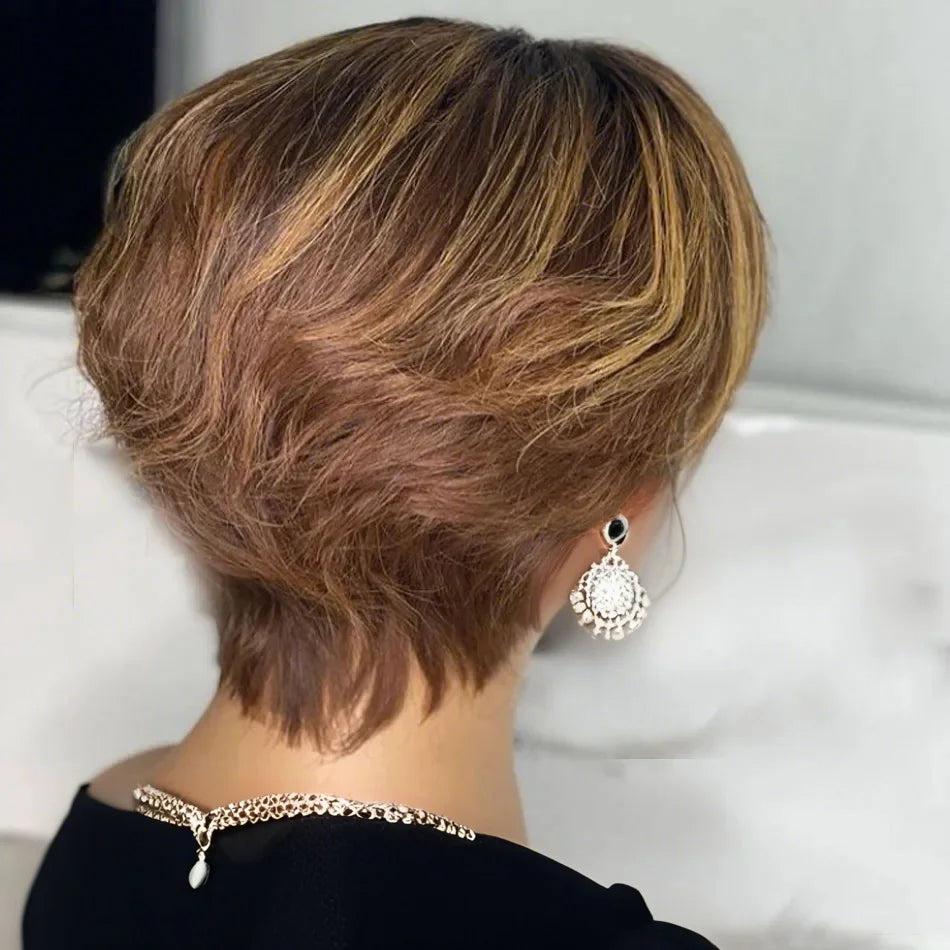Short Pixie Cut Wig Human Hair Wig Ombre Blonde P4/27 Natural Look Easy Styling Machine Made Wig for Women