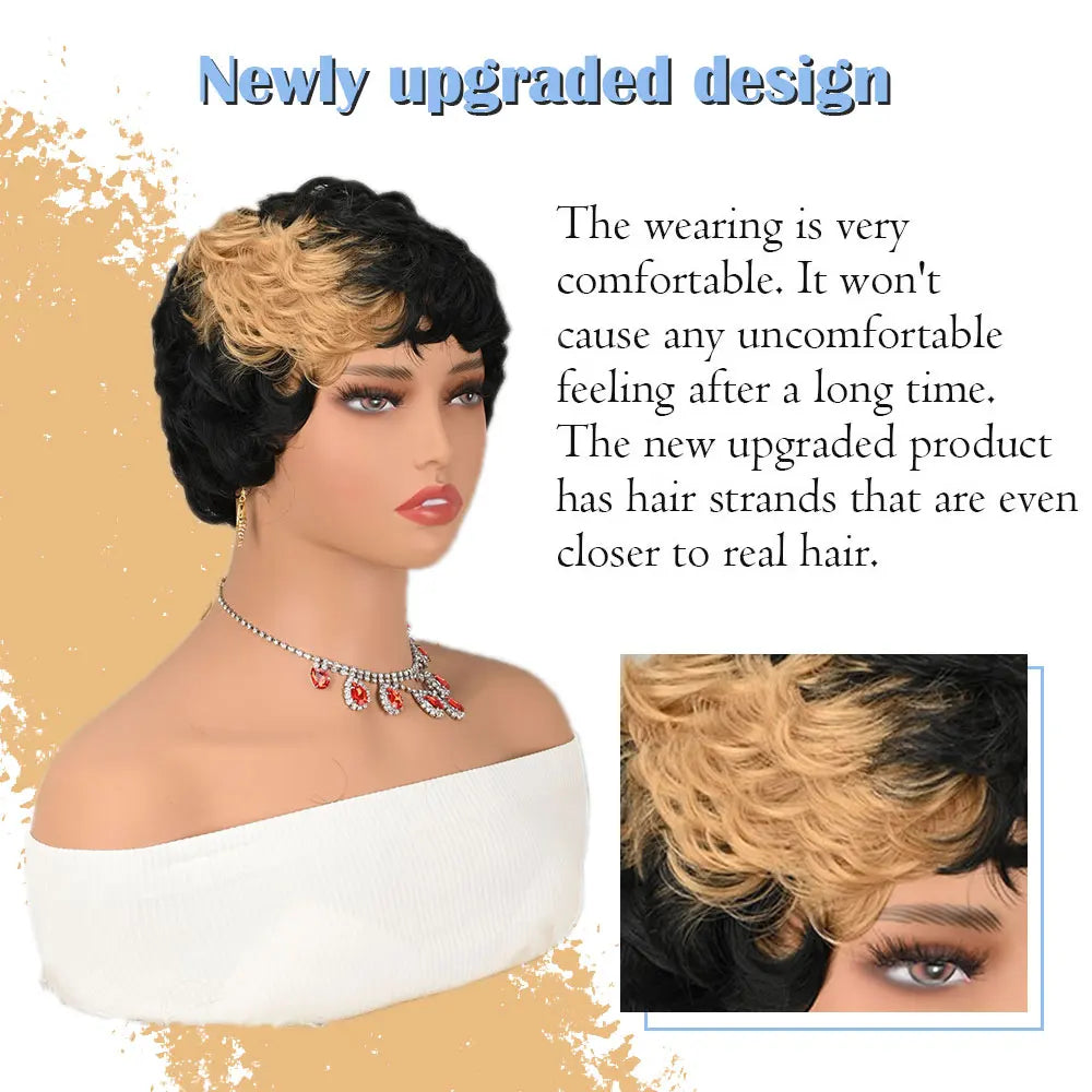 Two Tone Short Curly Synthetic Wig for Women Black and Blonde Pixie Cut Wig with Bangs Heat Resistant Fiber Natural Fluffy Wigs