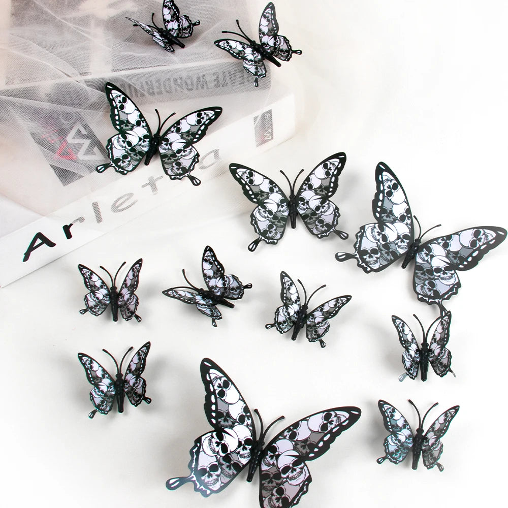 12pcs Halloween Skull Butterfly Bat Sticker 3D Double-Layer Wall Decals Haunted House Scary Prop Halloween Party Home Decoration