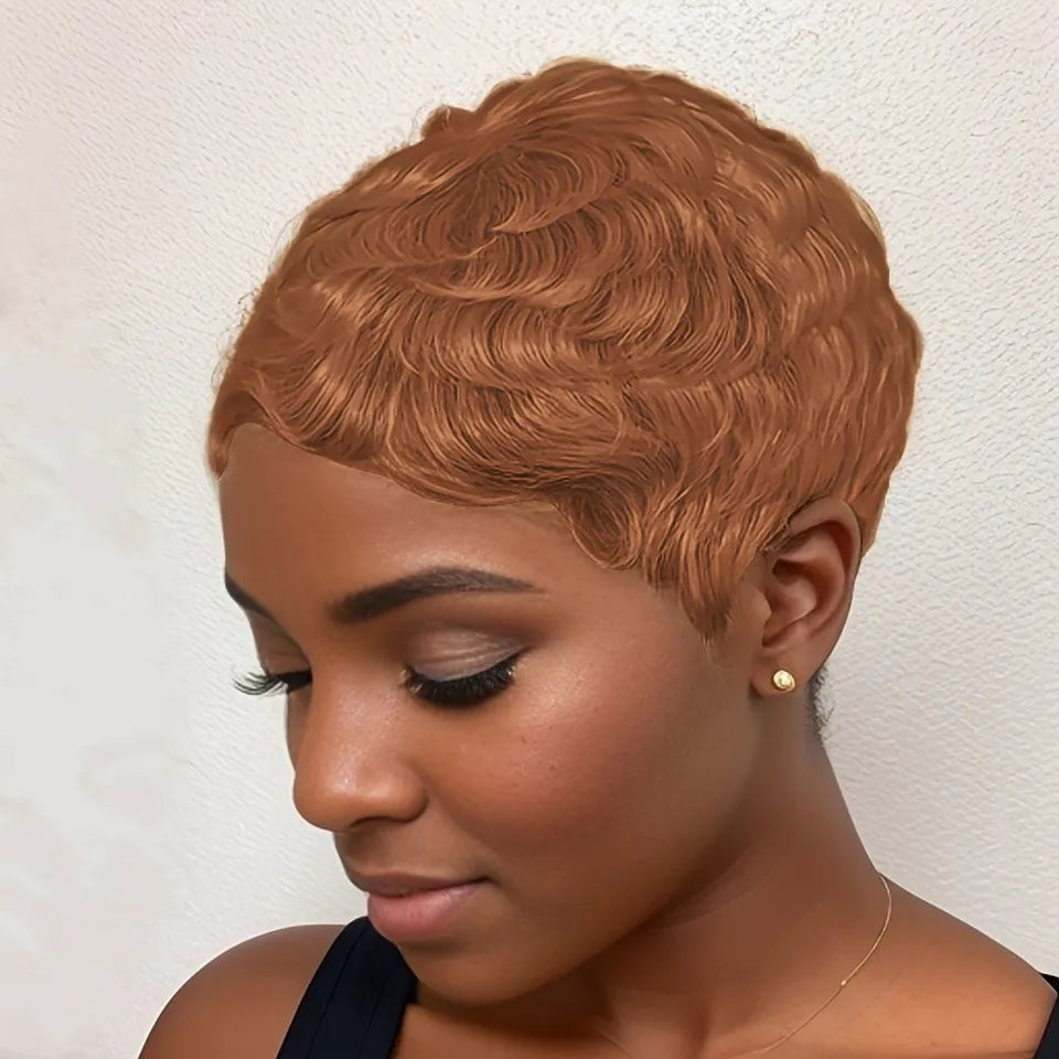 Peluca de verano hecha a máquina para mujer, corte pixie escalonado, cabello humano, color negro natural/99j, densidad 150%, 4 pulgadas