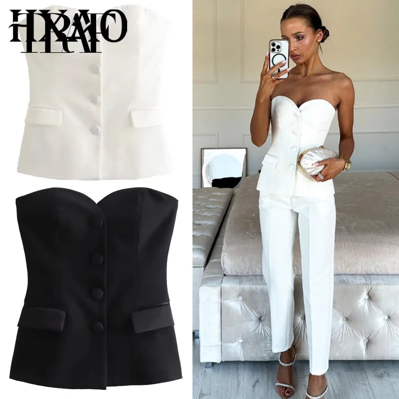 TRAF Women Crop Corset Top Summer Tanks & Camis White Black Tank Top Button Off Shoulder Sleeveless Tube Top Fashion Vests