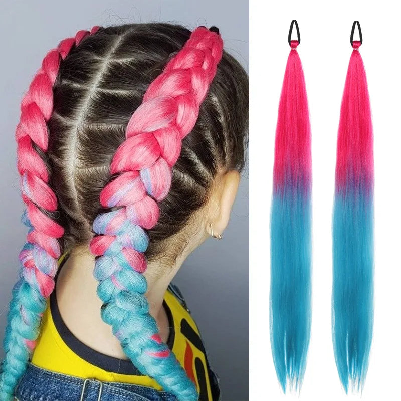 2PCS Synthetic pair of female rubber band boxing color synthetic braided ponytail wig long straight hair heat-resistant ponytail