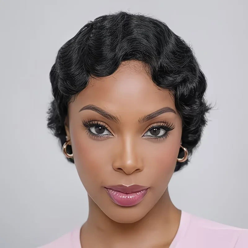 Pixie Cut Finger Wave Short Bob Wigs For Women Human Hair Ocean Wave  Machine Made