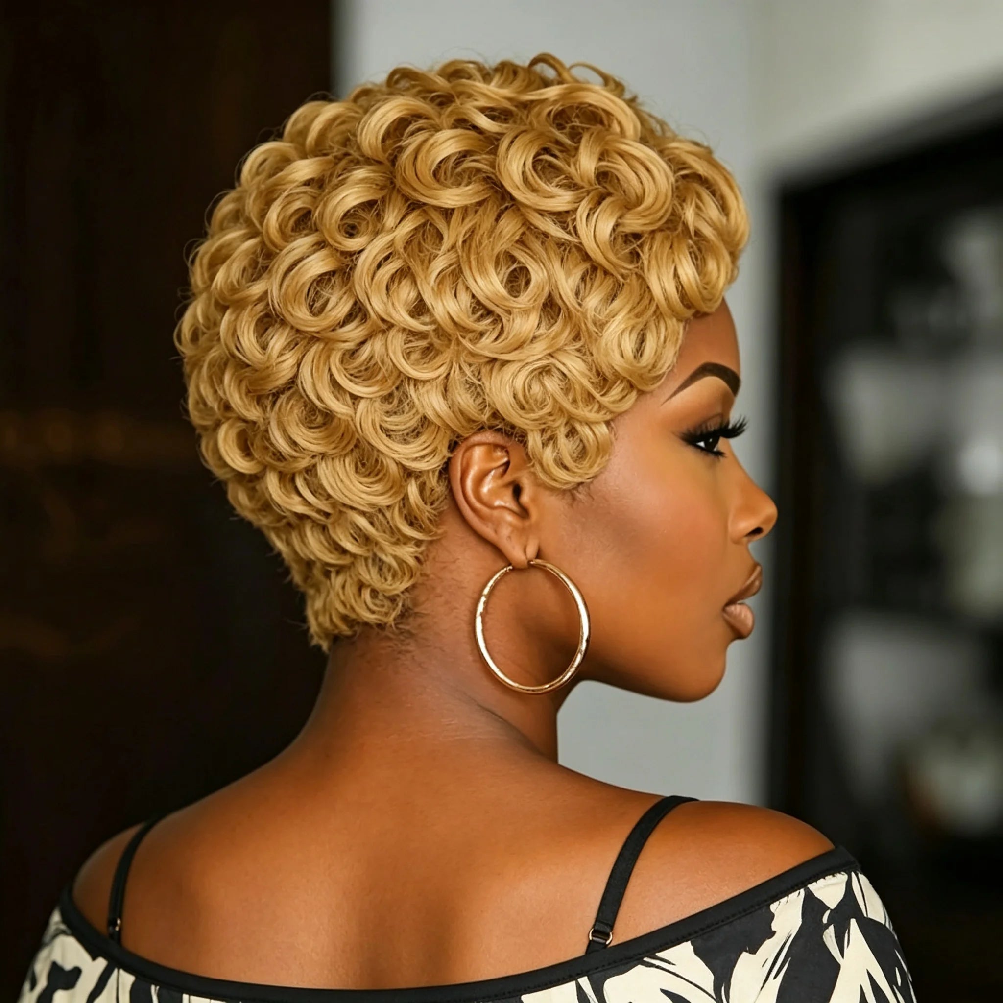 Blonde Bouncy Wave Curly Pixie Cut Human Hair Wig Vintage Dating Daily Hair Wig Machine Made Wig