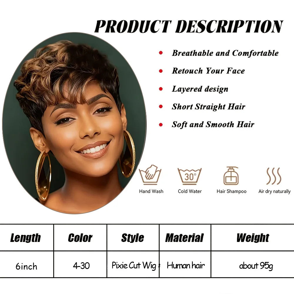 Afro Fluffy Curly Human Hair Wigs Pixie Cut Wig Coffee Brown 100%Human Hair Wig Short Kinky Curly Human Hair Full Machine Wig