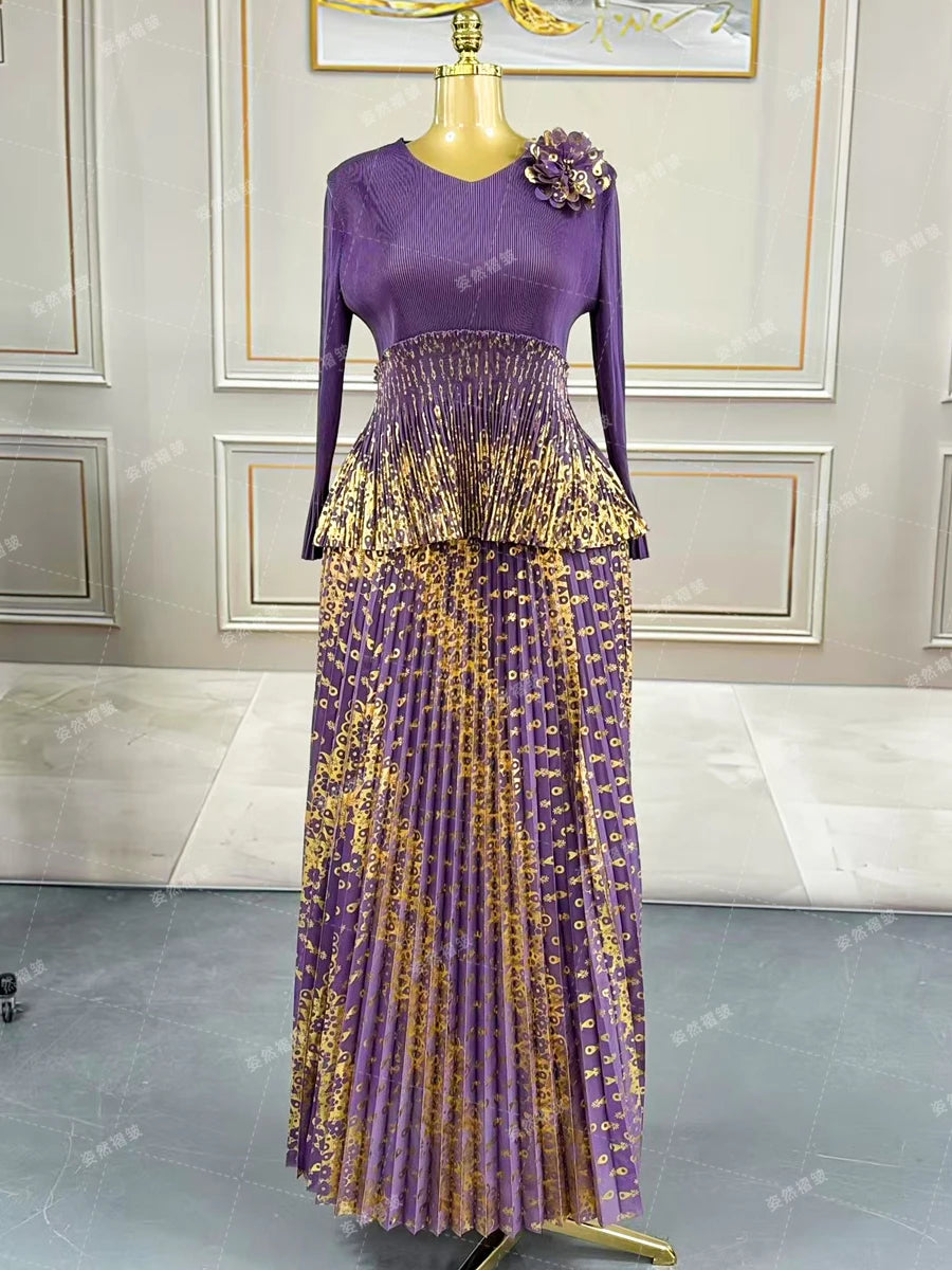 Luxury Women Chic Evening Dresses Formal Ball Gowns Elegant Party Miyake Pleated Long Sleeve Dress Female Plus Size Clothes