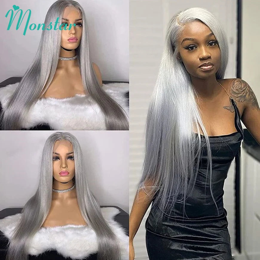 Silver Grey Straight Wigs Human Hair Brazilian 13x6 HD Lace Frontal Colored 613 Wigs Pre Plucked With Baby Hairline 200% Density