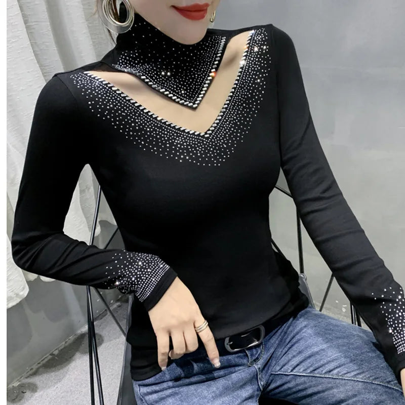 Jersey de cuello alto de malla Otoño Invierno – Elegante y elástico
