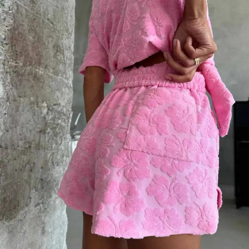 Women Casual Loose Pink Pajamas Sets Fashion Lapel Button Shirt & Short Pant Suit Elegant Flower Print Pockets 2Pc Outfits
