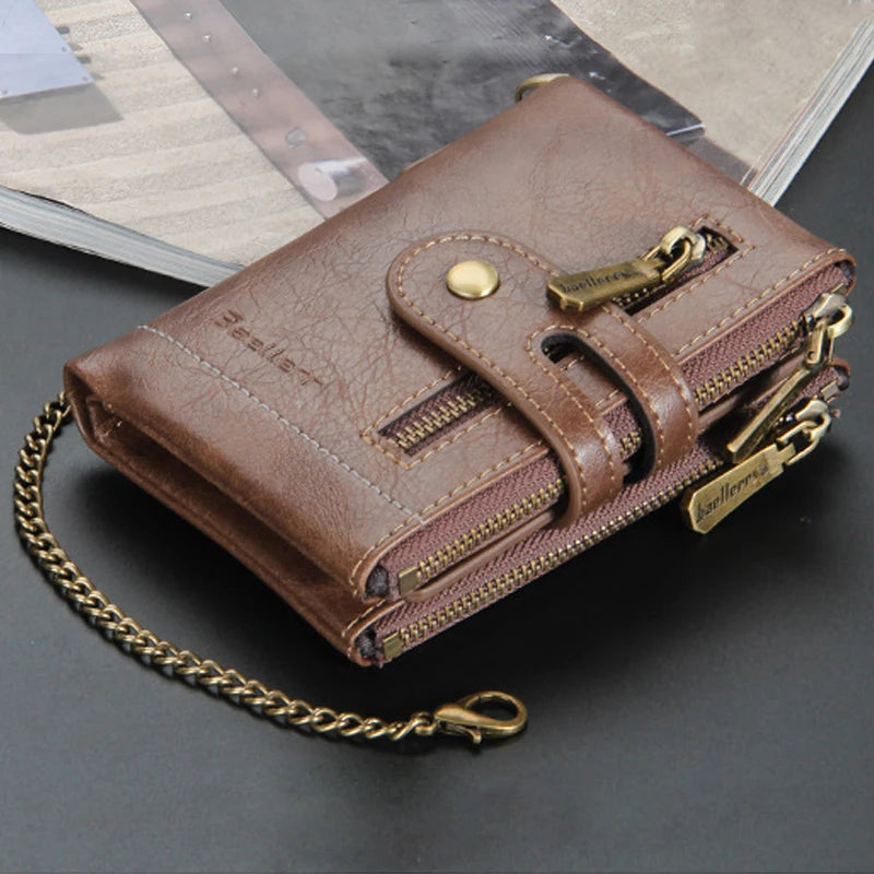 Men's Luxury PU Leather Wallet - Short Chain Design Card Holder, Classic Retro Purse (High Quality Brand)