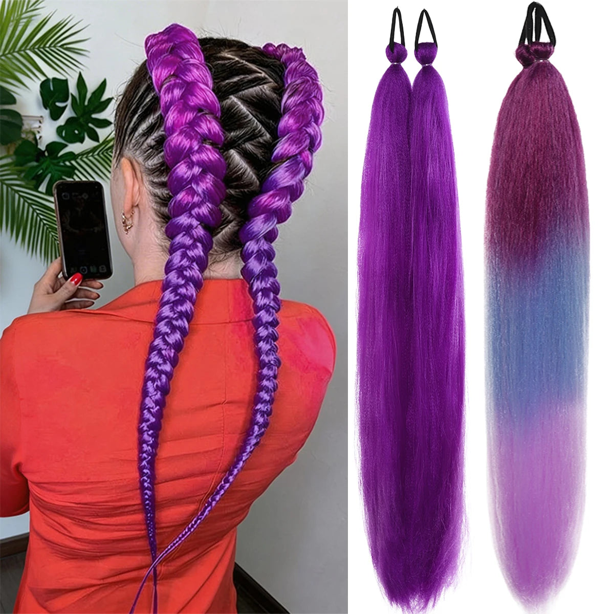 2PCS Synthetic pair of female rubber band boxing color synthetic braided ponytail wig long straight hair heat-resistant ponytail