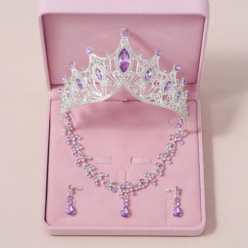 Bridal Jewelry Sets Crown Necklace Earrings Four Pack Silver Colour Women's Fashion Wedding Tiaras(excluding boxes)