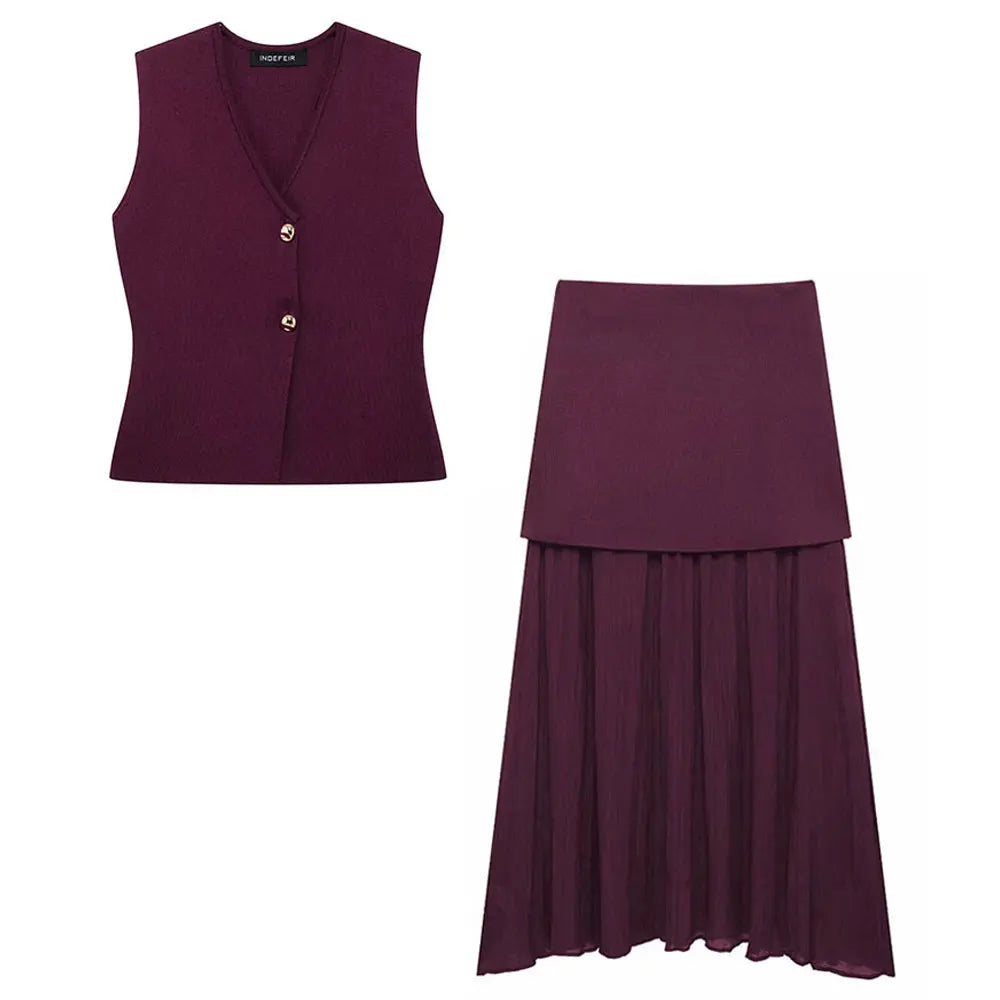 TRAFZA Women Skirt Set Wine Red Knitted V-Neck Sleeveless Slim Vest +Solid High Waist Zipper Patchwork Long Skirt Street