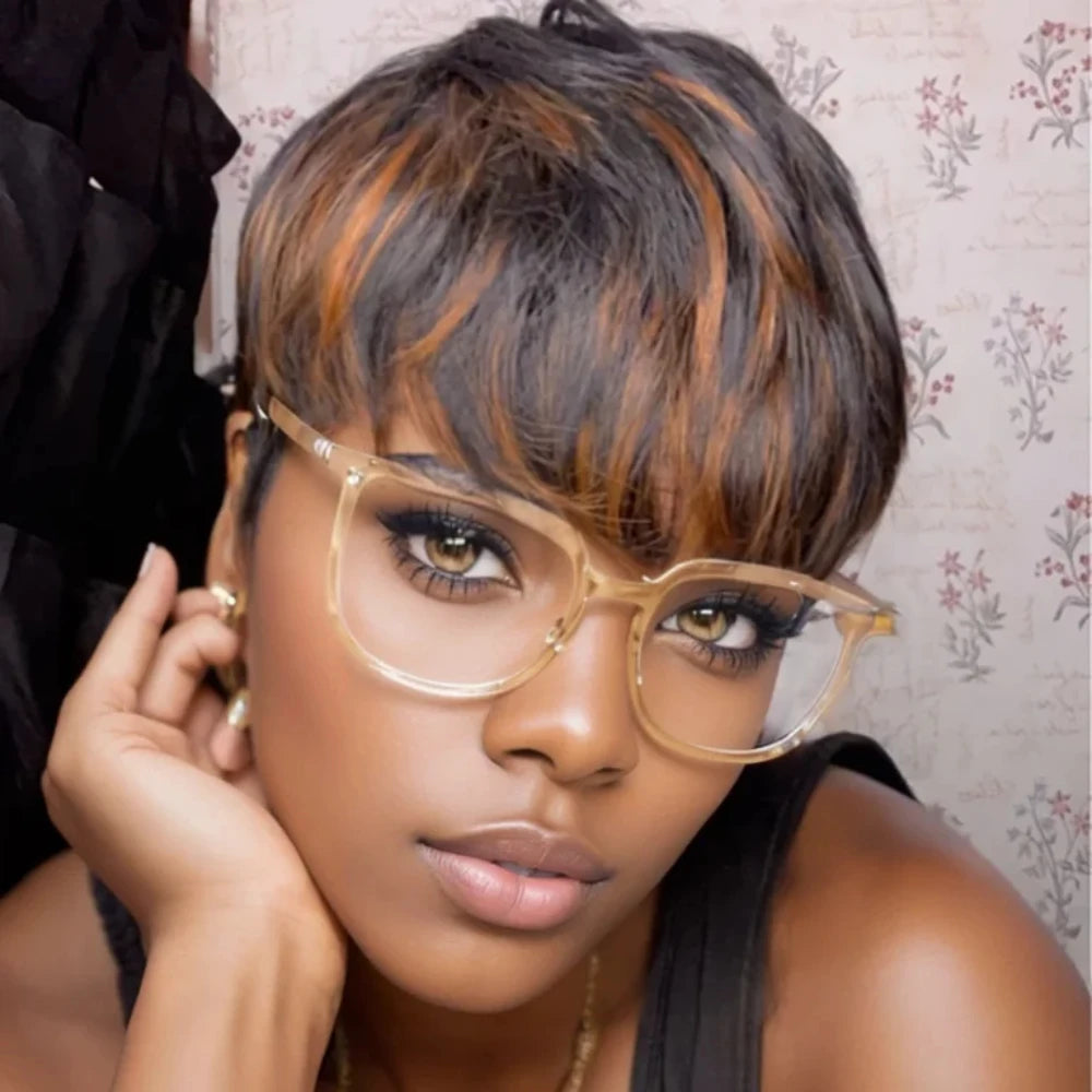 1B/30 Color Straight Human Hair Wig Pixie Cut Human Hair Wig With Bangs Full Machine Made Wig Ombre Colored Wig