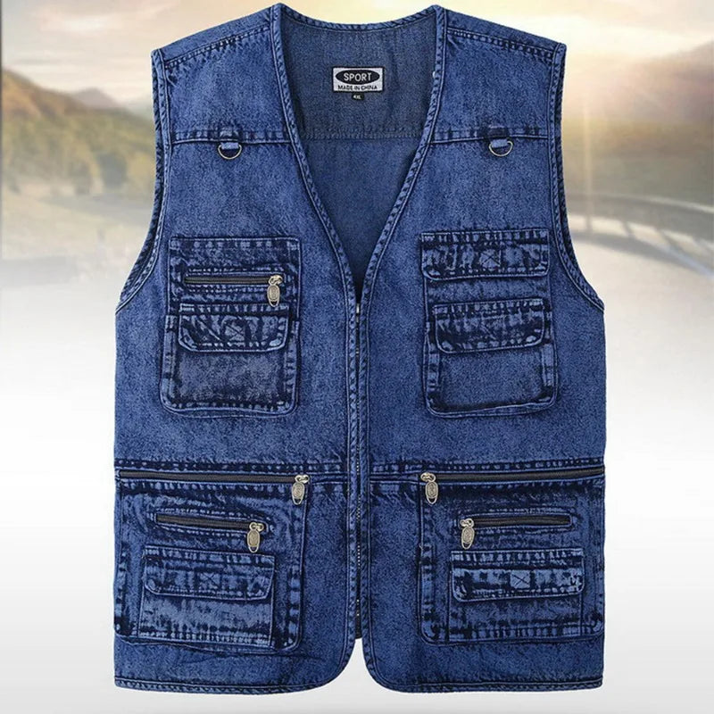 Men's Vest Coat Dark Bluemulti-pocket V-neck Fishing Sleeveless Coat Truck Driver Bicycle Denim Jacket Mountaineering Vest