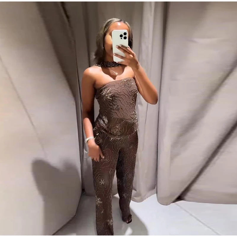 Chic Beaded Women's Top Pant Set Sexy Slim Halter Sleeveless Crop Tops See Through Elastic Waist Wide Leg Pants Summer Outfits