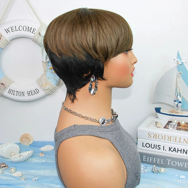 Fashion Pixie Cut Wigs Human Hair Corled 1B/60 1B/4 Brazilian Remy Hair Pixie Cut Wig Cheap Human Hair Full Machine Wig On Sale