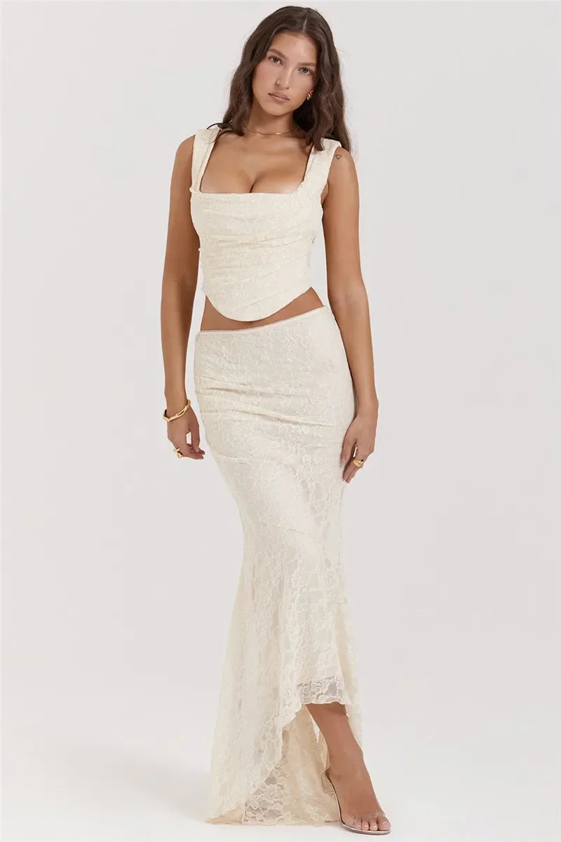 Lace Bandage 2 Piece-Set Long Skirt Female Patchwork Fashion Backless High Waist Elegant Lace-Up Maxi Skirt Sets Outfits