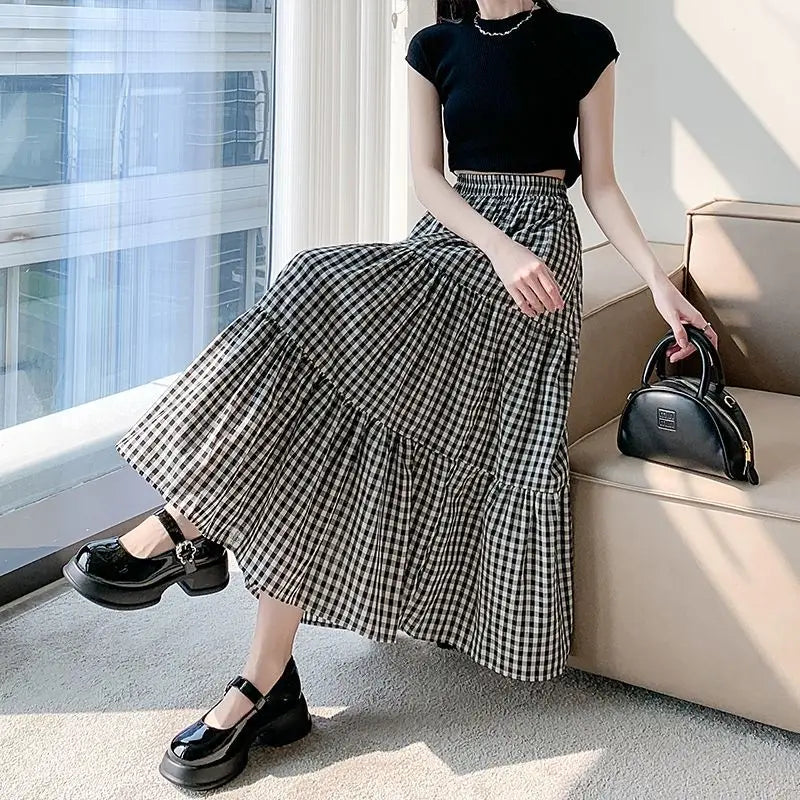Jupe patchwork à volants pour femme, style vintage, à carreaux, taille haute, élastique, amincissante, mi-longue, été