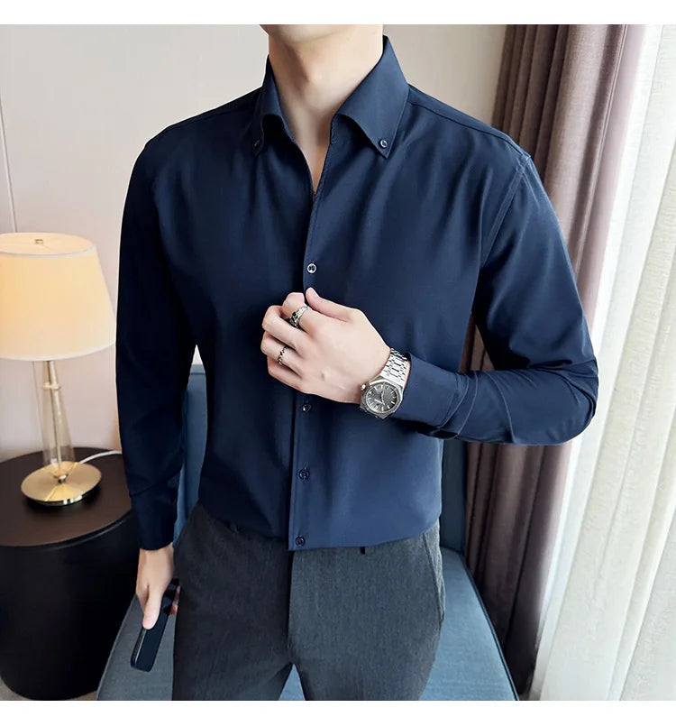 Men Dress Shirt Autumn British Style Solid Casual Slim Fit Formal Camisas V-neck Long Sleeves Shirt Streetwear Men Clothing