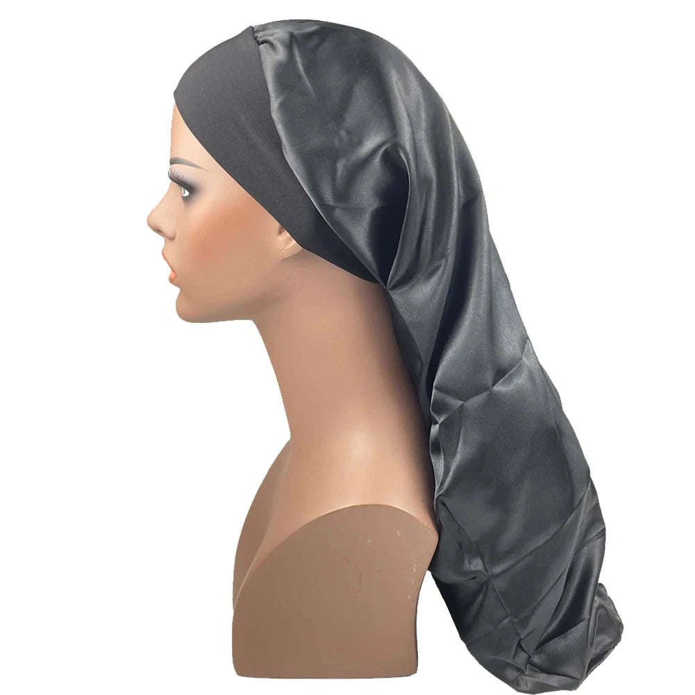 Satin Long Braid Bonnet Solid Color Sleeping Cap Bonnets for Women Wide Stretchy Band Night Cap Hats for Women