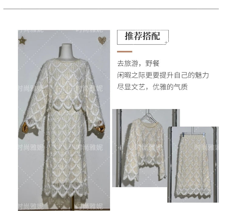 High-end Fashion Beaded Sequined Skirt Set 2025 Spring New Long-sleeved T-shirt Top High Waist Slim-fit Hip Skirt 2-piece Set