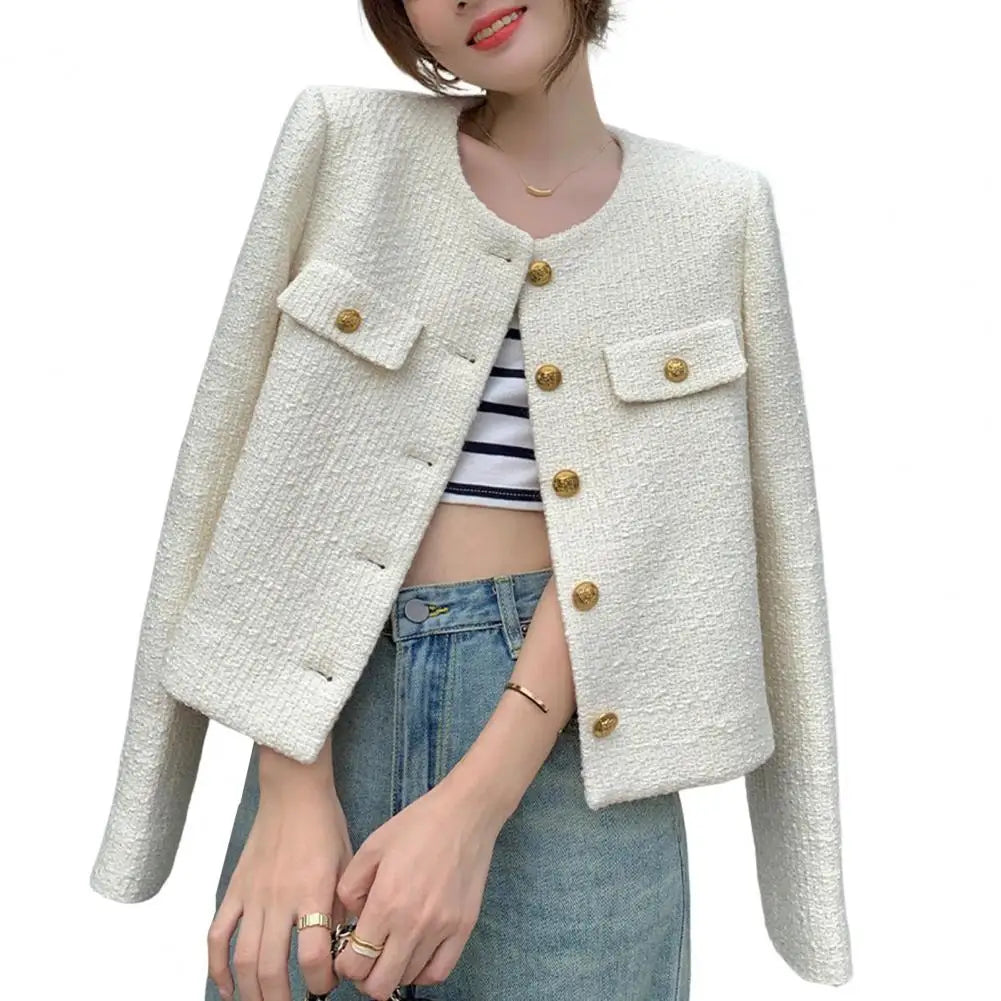 Round Neck Jacket Stylish Single-breasted Women's Coat for Fall Spring Long Sleeves Cardigan in Solid Color Loose Fit for Dating