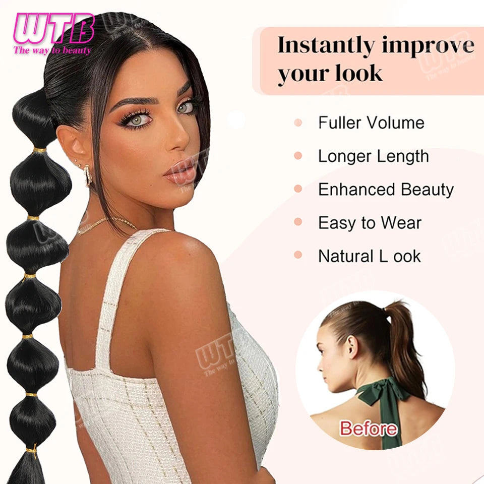 WTB Extensions de cheveux synthétiques en queue de cheval à bulles noires, afro, longues tresses, queue de cheval enveloppante en forme de lanterne pour femmes
